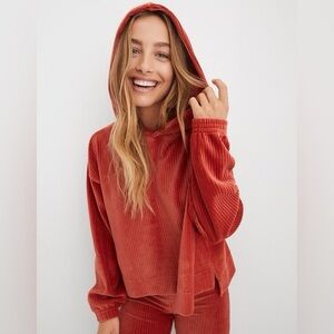 Aerie Groove On Velour Hoodie in Cinnabar Orange